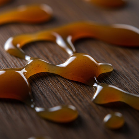 Honey dripping from a spoon on a wooden background. Selective focus.の素材