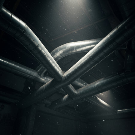 Industrial metal pipes on a dark background. 3d rendering.の素材