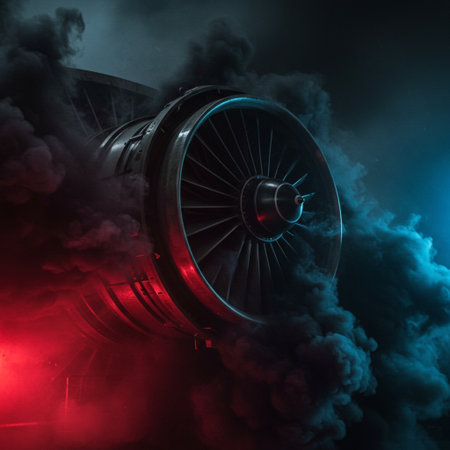 Jet engine with smoke and fire on dark background. 3d illustrationの素材
