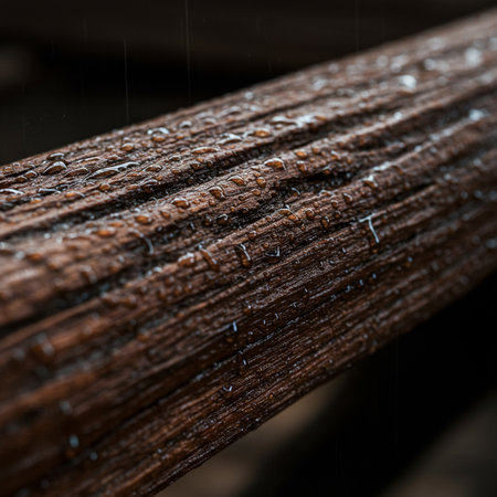 Drops of rain on a wooden surface. Shallow depth of field.の素材