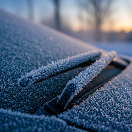 Frost on the windshield of a car in the winter at sunsetの素材