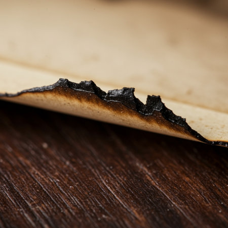 close up of burnt paper on wooden background, shallow depth of fieldの素材