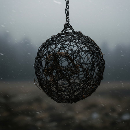 Wicker ball on a rope in the rain. Selective focus.の素材