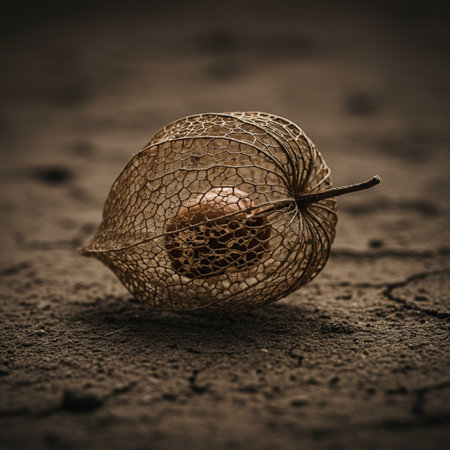 Physalis fruit on cracked ground. Selective focus. Shallow depth of field. Toned.の素材