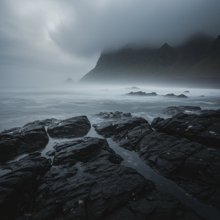 Beautiful seascape with rocks and fog. Long exposure.の素材