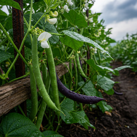 Green beans growing in the field. Pea pods with water drops.の素材