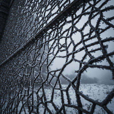 frozen fence on a cold winter day, closeup of photoの素材