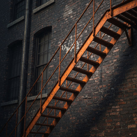 3d rendering of an old factory building with metal stairs in the darknessの素材