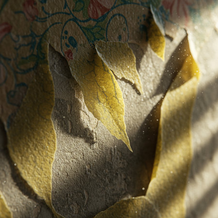 Old sheet of paper with a pattern of yellow leaves on a gray backgroundの素材