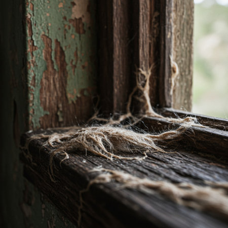 Old wooden window with a rope. Shallow depth of field.の素材