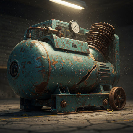 Old rusty industrial air compressor on a dark background. 3d renderingの素材