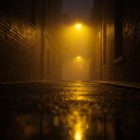 Street at night with fog in the city. Selective focus.の素材