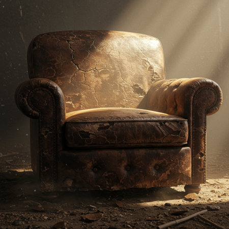 Old vintage leather armchair in the dark room with rays of lightの素材