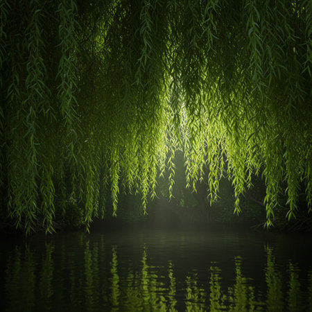 Willow tree with green leaves and reflection in the lake at nightの素材
