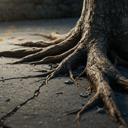 The roots of a tree in the street. Close-up.の素材