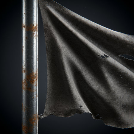 Abandoned black flag on a rusty metal pole. Dark background.の素材