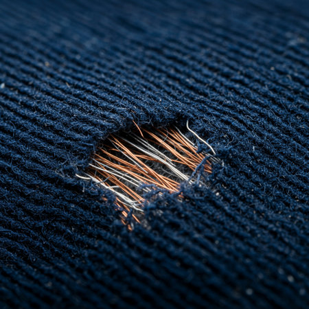 Close up shot of a hole in a blue jeans fabric with a wireの素材