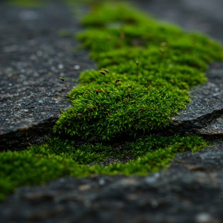 Green moss on the stone floor. Selective focus. Shallow depth of field.の素材
