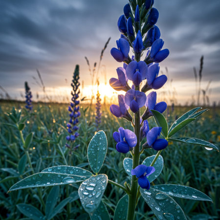 Lupine flowers in the field at sunset. Beautiful nature background.の素材