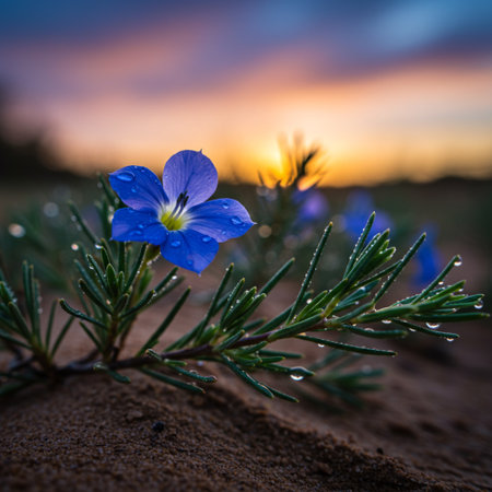 Beautiful blue flower with dew drops on the sand at sunsetの素材
