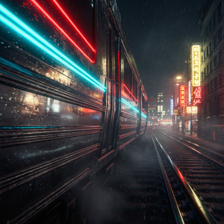 Train in the city at night with neon lights. 3d renderingの素材