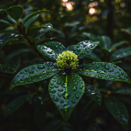 Close up of green leaves with water droplets in the morning.の素材