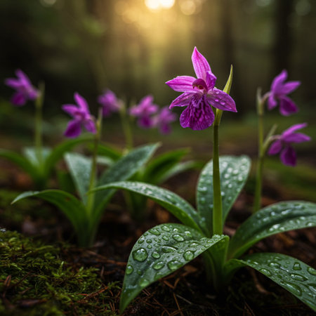Beautiful wild orchid flowers in the forest. Nature background.の素材