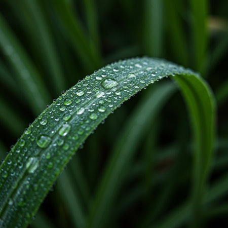 Drops of dew on a blade of grass in the gardenの素材