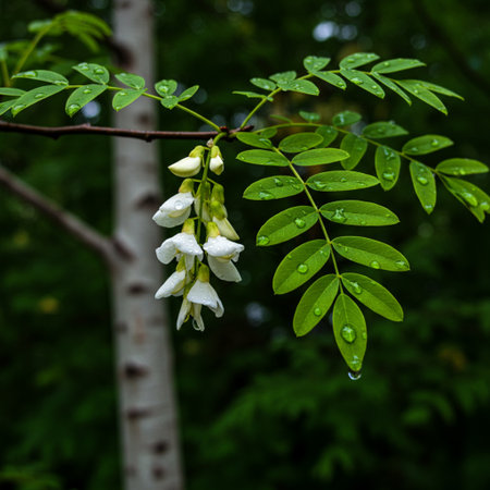 White acacia flowers with raindrops on a green background. Close-up.の素材