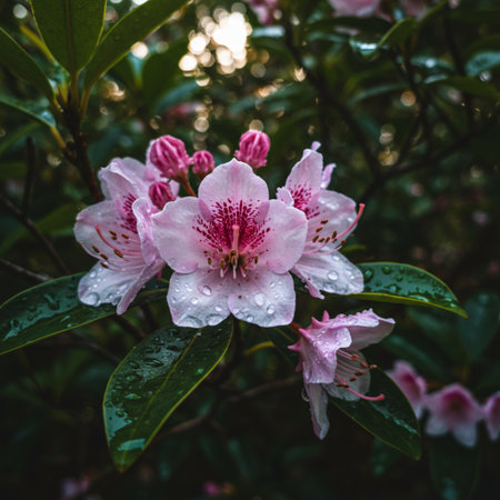 Pink rhododendron flowers with dew drops after rainの素材