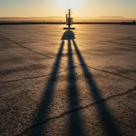 Sunset on the runway of an international airport with shadows on the groundの素材