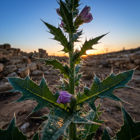 Silhouette of thistle flower at sunset, Crete, Greeceの素材