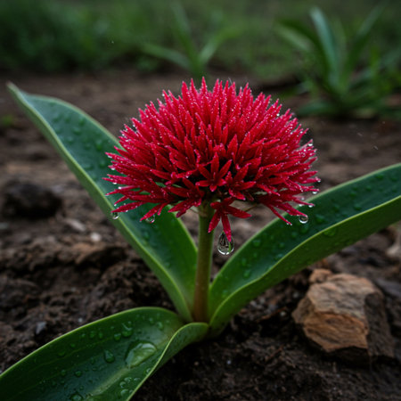 Red flower with dew drops on a green background in the gardenの素材