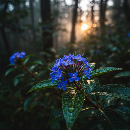 Beautiful blue flowers in the forest at sunrise. Selective focus.の素材