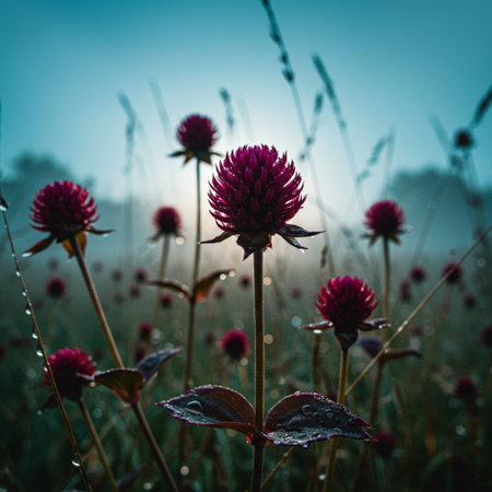 Red clover flower in the meadow with dew drops.の素材
