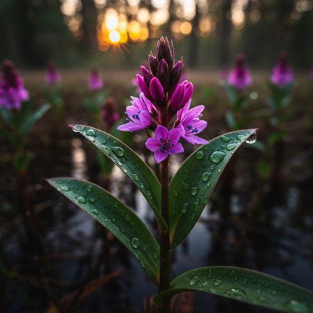 Purple flowers blooming in the swamp at sunset, Thailand.の素材