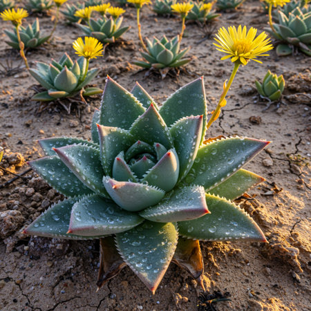 Aloe vera plant with yellow flowers in the desert of Canary Islandsの素材