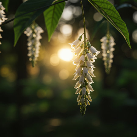 Beautiful white flowers in the garden with sunlight at sunset background.の素材