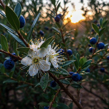 Close up of a blueberry bush in the countryside at sunset.の素材