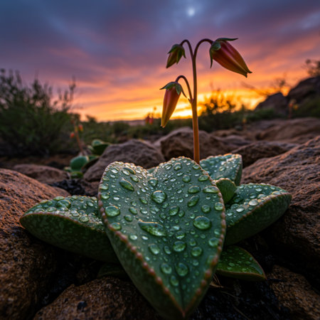 Water drops on a small plant in the desert, with a sunset in the backgroundの素材