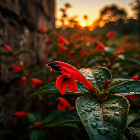 Fuchsia flower in the garden with sunset background, Thailand.の素材