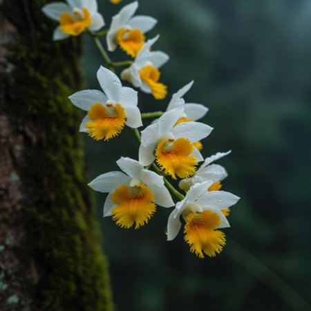 White Dendrobium orchids in the rain forest, Thailand.の素材