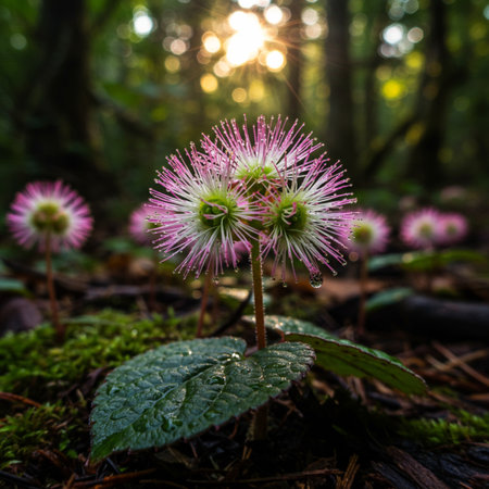 Beautiful pink flowers in the forest with sunbeams in the backgroundの素材