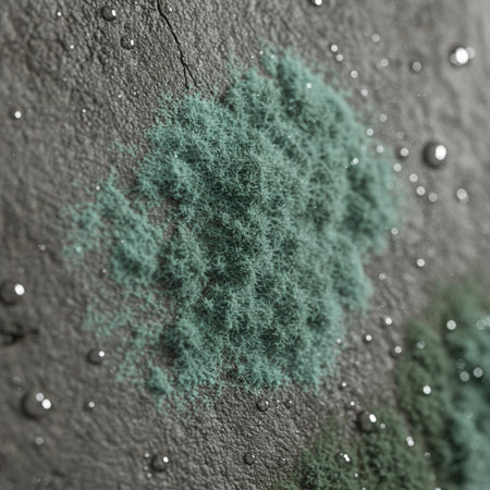 Green and blue mold on a black background. Close-up.の素材