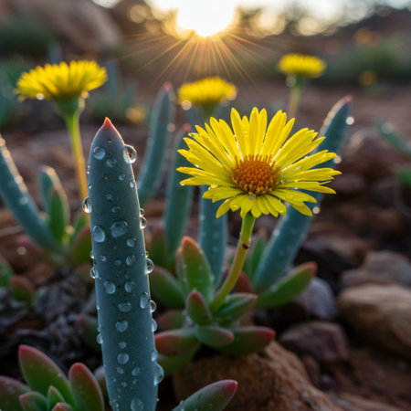 Close up of yellow flower in the desert with sunlight in background.の素材