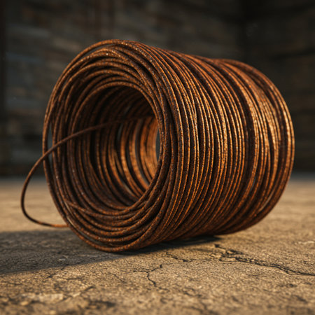 Old rusty wire coil on cement floor. Industrial background. 3d renderingの素材