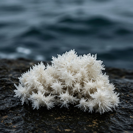 Close up of ice crystals on a rock with sea in the backgroundの素材