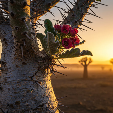 Cactus with flowers in the desert at sunset, Joshua Tree National Park, Californiaの素材