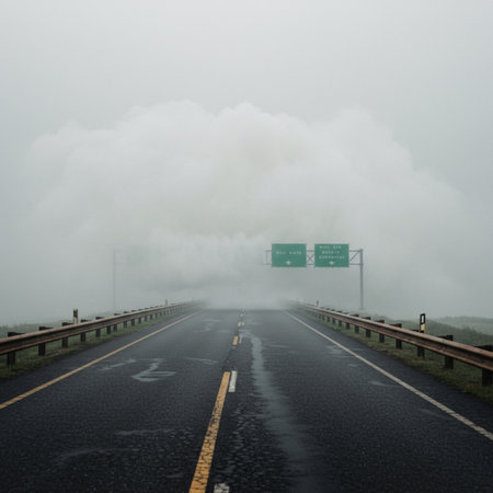 Road in the fog, with two road signs on the road.の素材