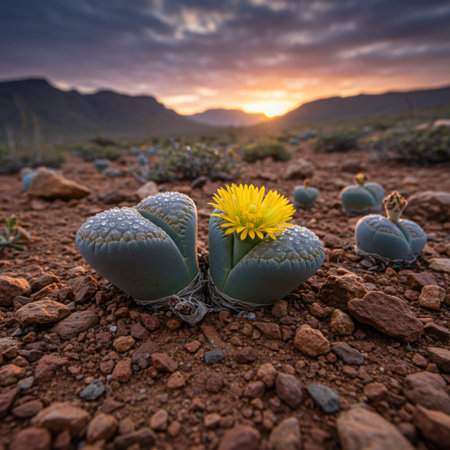 Cactus with yellow flower in the desert at sunset, Cape Town, South Africaの素材